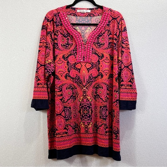 Peter Nygard 3/4 sleeve pink magenta orange beaded paisley with navy blue trim - Picture 8 of 11